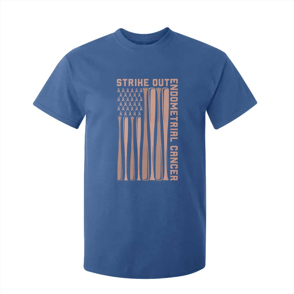 Strike Out Endometrial Cancer Baseball T Shirt For Kid Peach Ribbon American Flag Support Gift