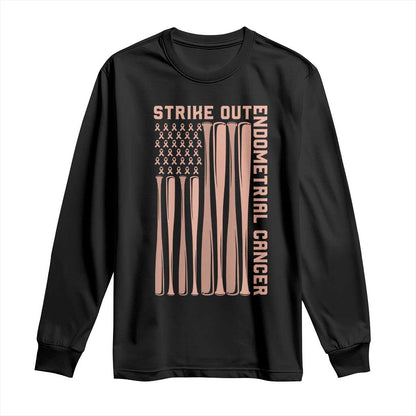 Strike Out Endometrial Cancer Baseball Long Sleeve Shirt Peach Ribbon American Flag Support Gift