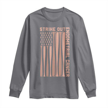 Strike Out Endometrial Cancer Baseball Long Sleeve Shirt Peach Ribbon American Flag Support Gift