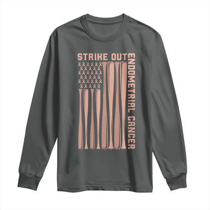 Strike Out Endometrial Cancer Baseball Long Sleeve Shirt Peach Ribbon American Flag Support Gift