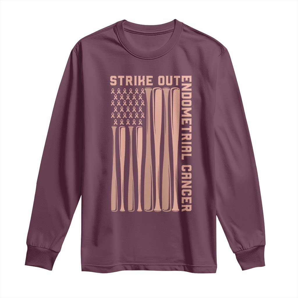 Strike Out Endometrial Cancer Baseball Long Sleeve Shirt Peach Ribbon American Flag Support Gift