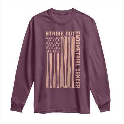 Strike Out Endometrial Cancer Baseball Long Sleeve Shirt Peach Ribbon American Flag Support Gift