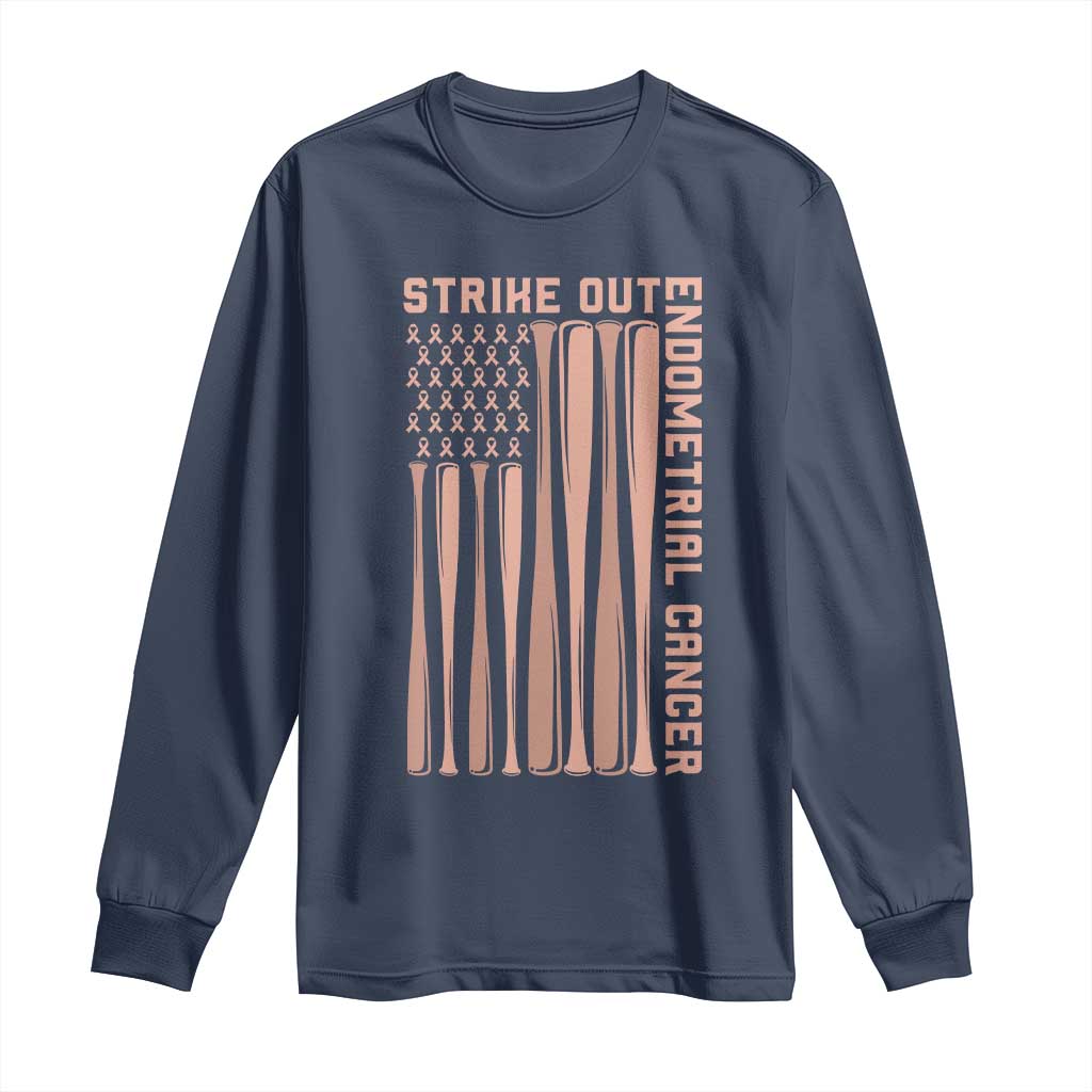 Strike Out Endometrial Cancer Baseball Long Sleeve Shirt Peach Ribbon American Flag Support Gift