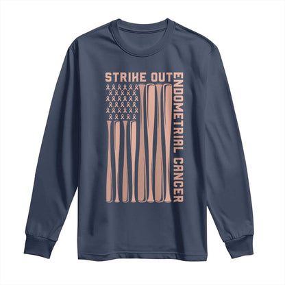 Strike Out Endometrial Cancer Baseball Long Sleeve Shirt Peach Ribbon American Flag Support Gift