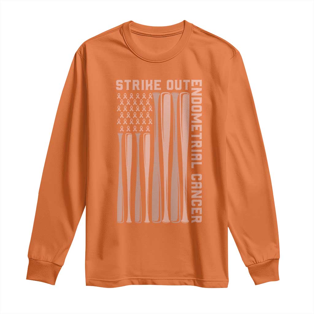 Strike Out Endometrial Cancer Baseball Long Sleeve Shirt Peach Ribbon American Flag Support Gift