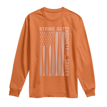 Strike Out Endometrial Cancer Baseball Long Sleeve Shirt Peach Ribbon American Flag Support Gift