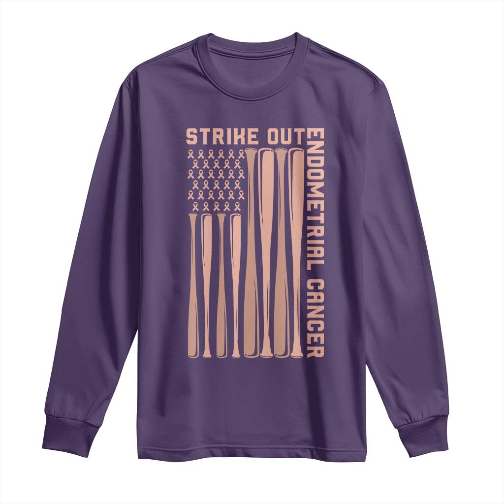 Strike Out Endometrial Cancer Baseball Long Sleeve Shirt Peach Ribbon American Flag Support Gift