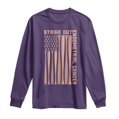 Strike Out Endometrial Cancer Baseball Long Sleeve Shirt Peach Ribbon American Flag Support Gift