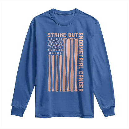 Strike Out Endometrial Cancer Baseball Long Sleeve Shirt Peach Ribbon American Flag Support Gift