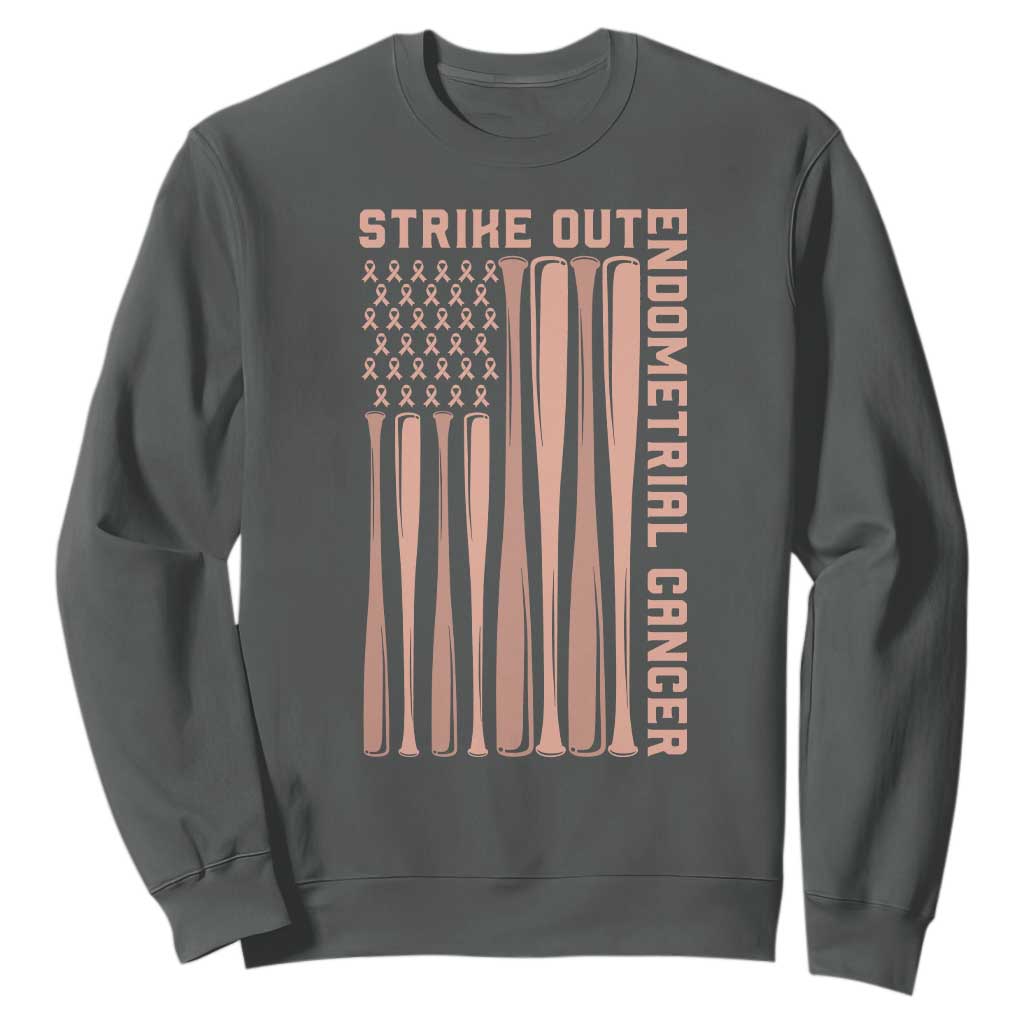 Strike Out Endometrial Cancer Baseball Sweatshirt Peach Ribbon American Flag Support Gift