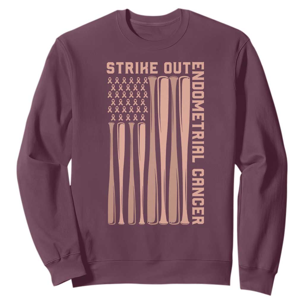 Strike Out Endometrial Cancer Baseball Sweatshirt Peach Ribbon American Flag Support Gift