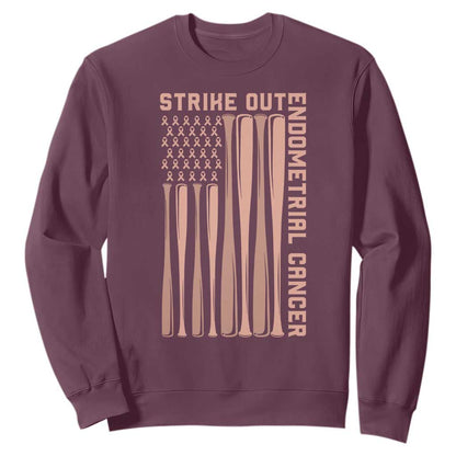 Strike Out Endometrial Cancer Baseball Sweatshirt Peach Ribbon American Flag Support Gift