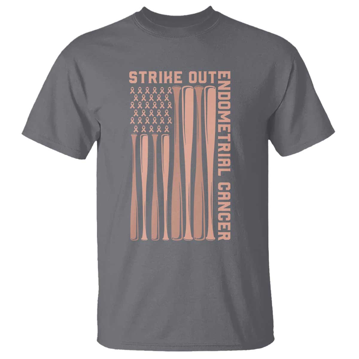 Strike Out Endometrial Cancer Baseball T Shirt Peach Ribbon American Flag Support Gift