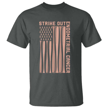 Strike Out Endometrial Cancer Baseball T Shirt Peach Ribbon American Flag Support Gift