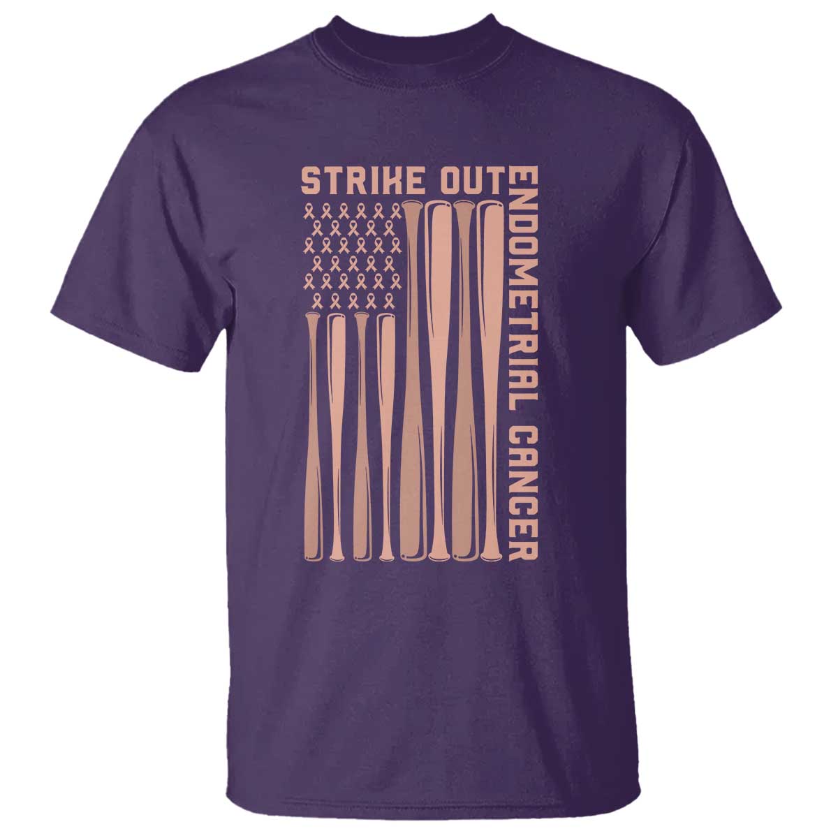 Strike Out Endometrial Cancer Baseball T Shirt Peach Ribbon American Flag Support Gift