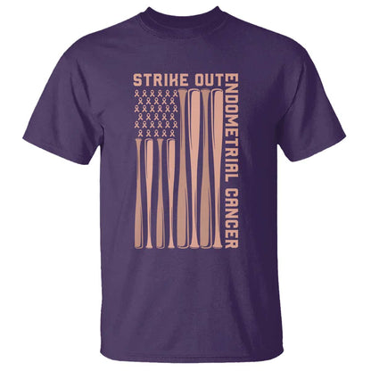 Strike Out Endometrial Cancer Baseball T Shirt Peach Ribbon American Flag Support Gift