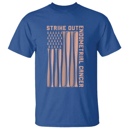 Strike Out Endometrial Cancer Baseball T Shirt Peach Ribbon American Flag Support Gift