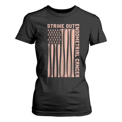 Strike Out Endometrial Cancer Baseball T Shirt For Women Peach Ribbon American Flag Support Gift