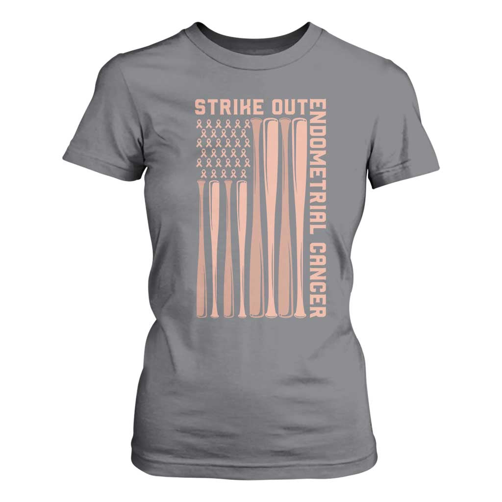Strike Out Endometrial Cancer Baseball T Shirt For Women Peach Ribbon American Flag Support Gift