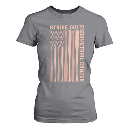 Strike Out Endometrial Cancer Baseball T Shirt For Women Peach Ribbon American Flag Support Gift