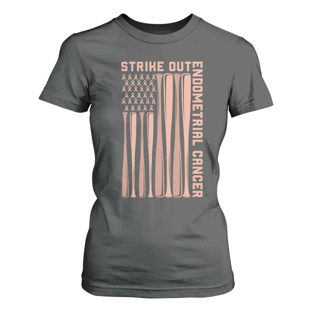Strike Out Endometrial Cancer Baseball T Shirt For Women Peach Ribbon American Flag Support Gift