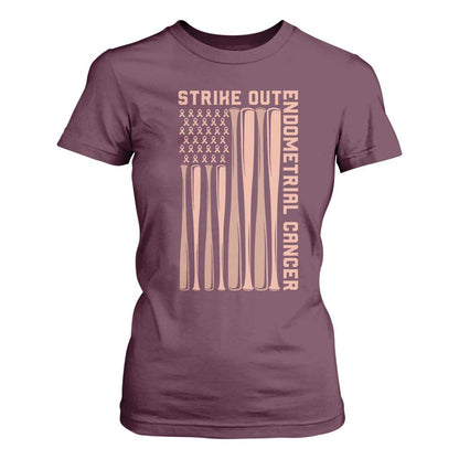 Strike Out Endometrial Cancer Baseball T Shirt For Women Peach Ribbon American Flag Support Gift