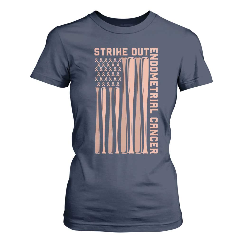 Strike Out Endometrial Cancer Baseball T Shirt For Women Peach Ribbon American Flag Support Gift
