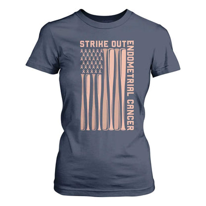 Strike Out Endometrial Cancer Baseball T Shirt For Women Peach Ribbon American Flag Support Gift