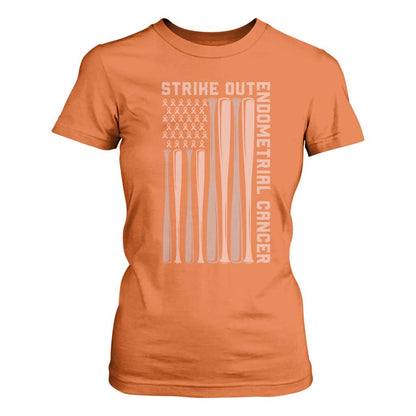 Strike Out Endometrial Cancer Baseball T Shirt For Women Peach Ribbon American Flag Support Gift