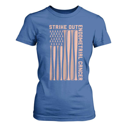 Strike Out Endometrial Cancer Baseball T Shirt For Women Peach Ribbon American Flag Support Gift