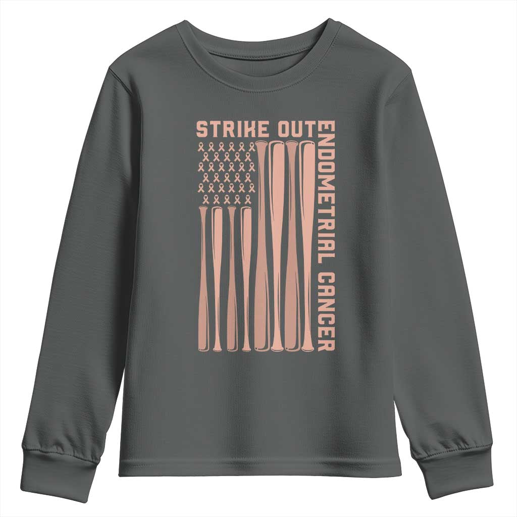 Strike Out Endometrial Cancer Baseball Youth Sweatshirt Peach Ribbon American Flag Support Gift