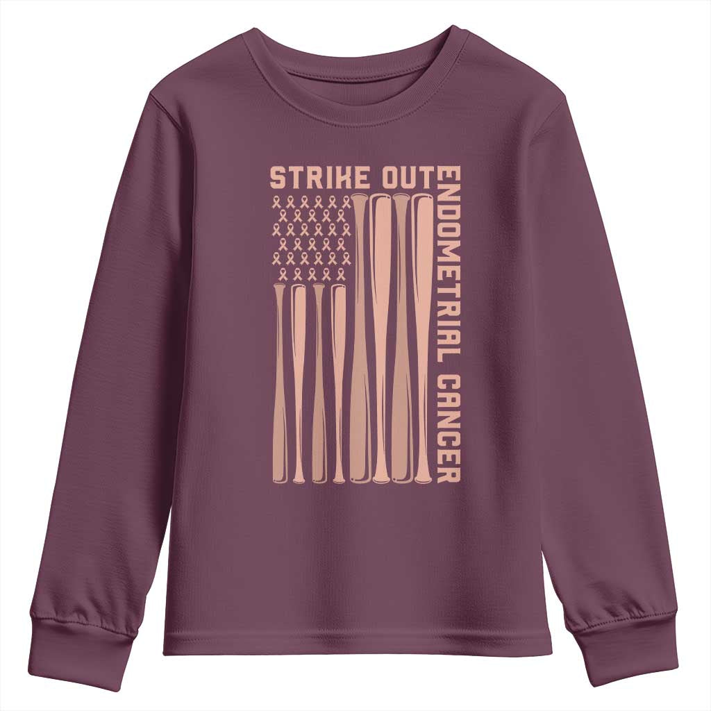 Strike Out Endometrial Cancer Baseball Youth Sweatshirt Peach Ribbon American Flag Support Gift