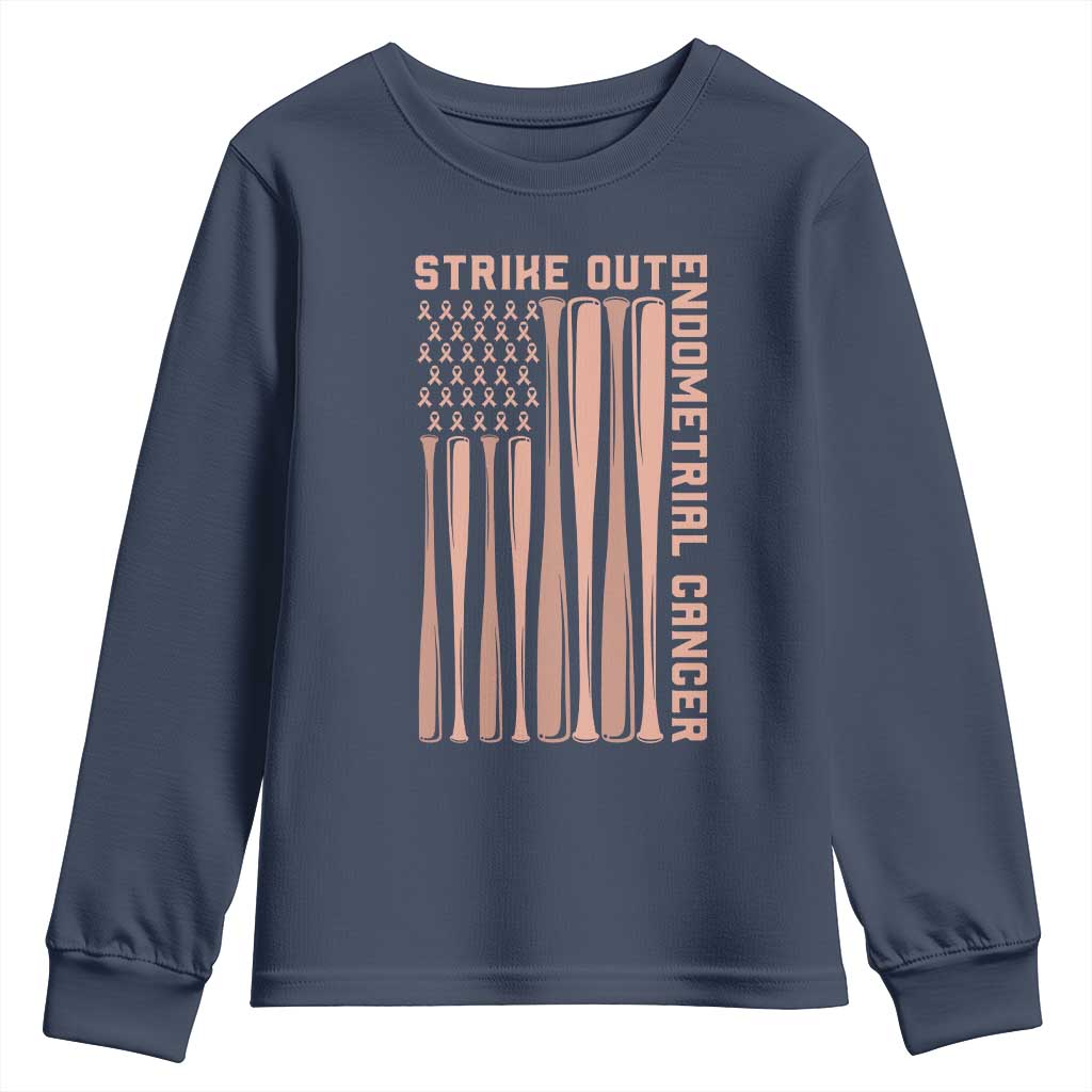 Strike Out Endometrial Cancer Baseball Youth Sweatshirt Peach Ribbon American Flag Support Gift