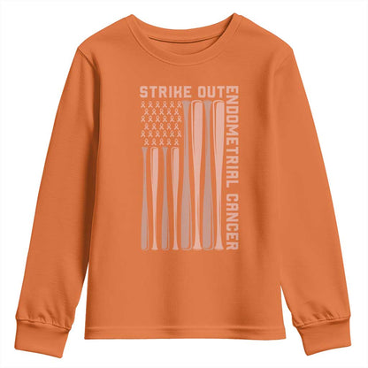 Strike Out Endometrial Cancer Baseball Youth Sweatshirt Peach Ribbon American Flag Support Gift