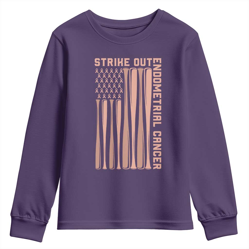 Strike Out Endometrial Cancer Baseball Youth Sweatshirt Peach Ribbon American Flag Support Gift