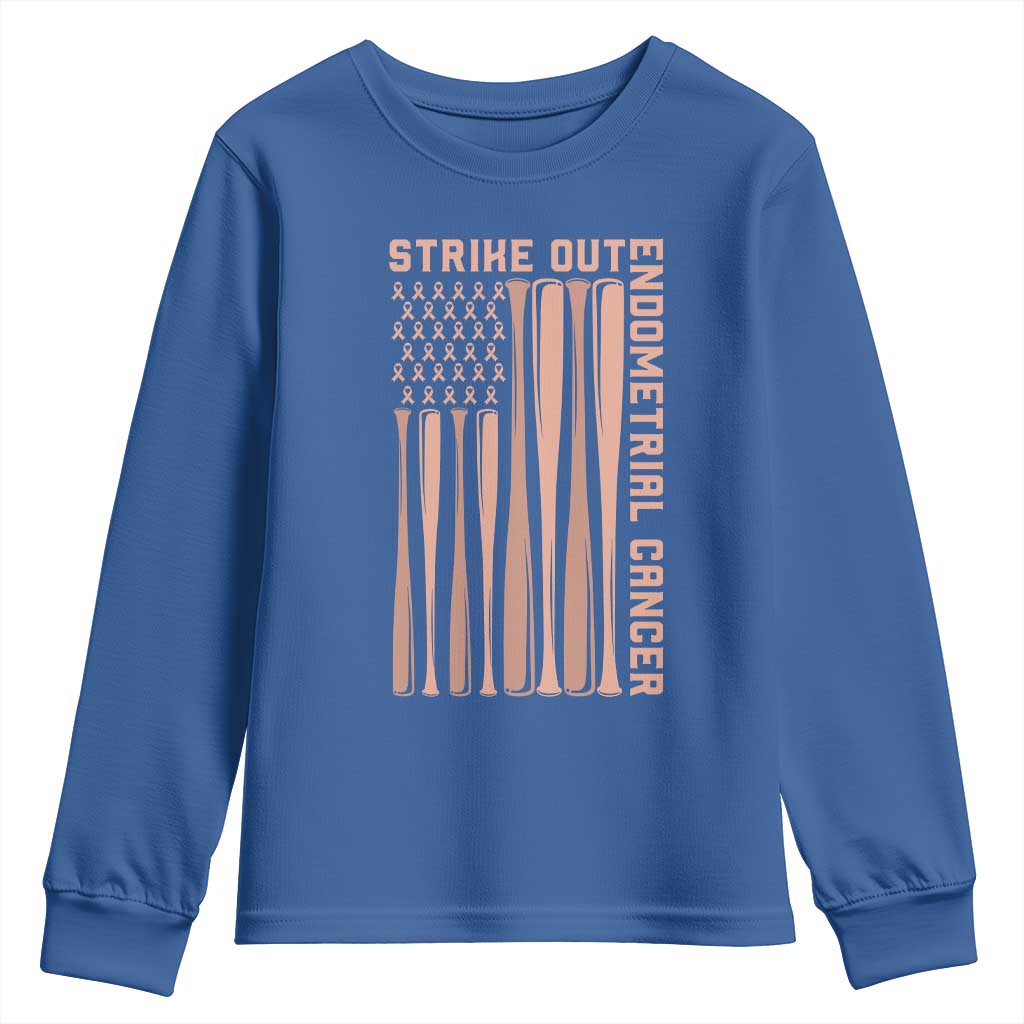 Strike Out Endometrial Cancer Baseball Youth Sweatshirt Peach Ribbon American Flag Support Gift
