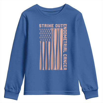 Strike Out Endometrial Cancer Baseball Youth Sweatshirt Peach Ribbon American Flag Support Gift