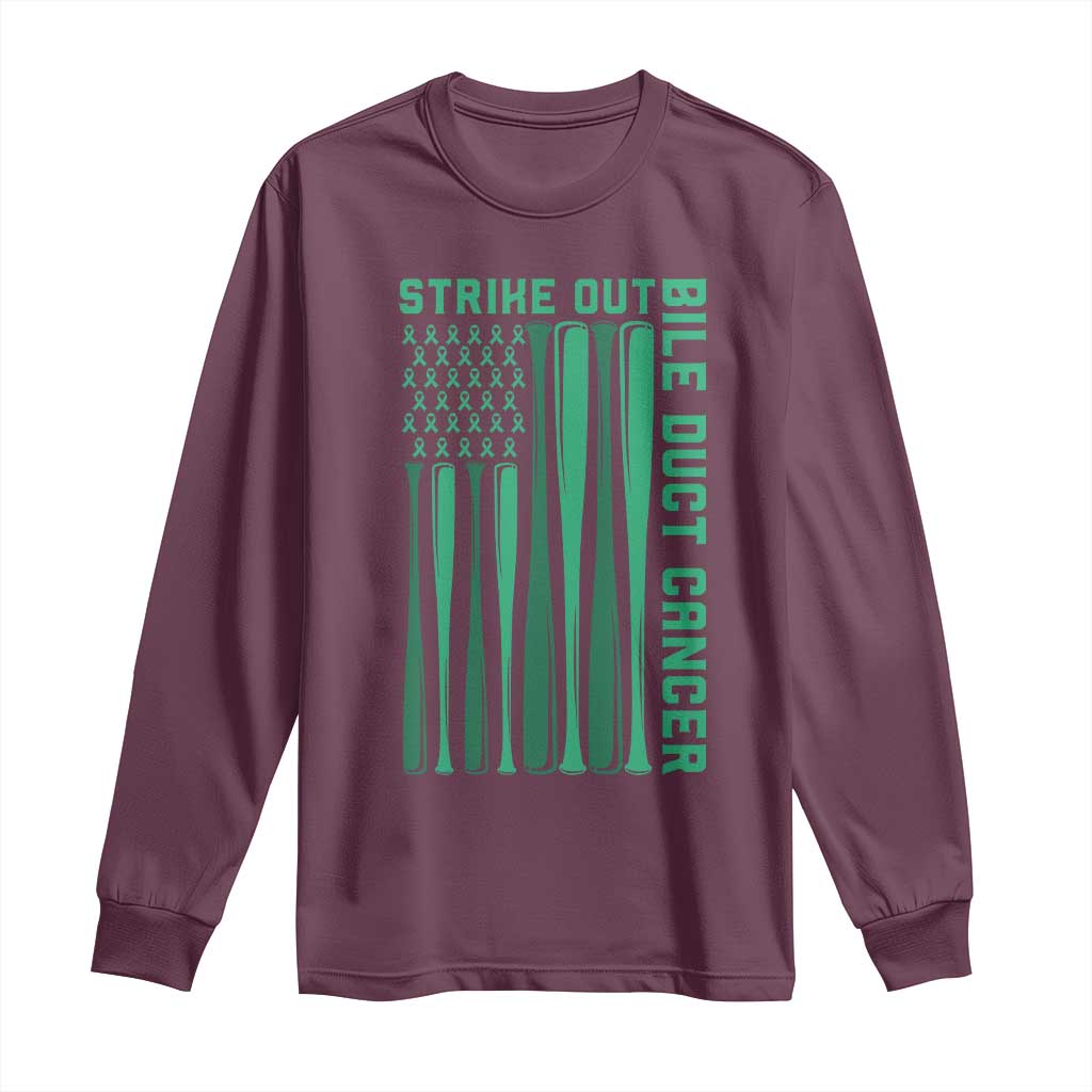 Strike Out Bile Duct Cancer Long Sleeve Shirt Baseball American Flag Hope Gift