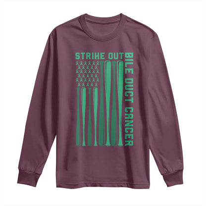 Strike Out Bile Duct Cancer Long Sleeve Shirt Baseball American Flag Hope Gift