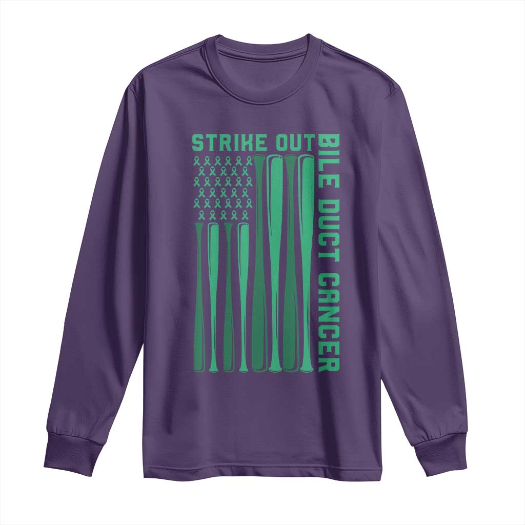 Strike Out Bile Duct Cancer Long Sleeve Shirt Baseball American Flag Hope Gift