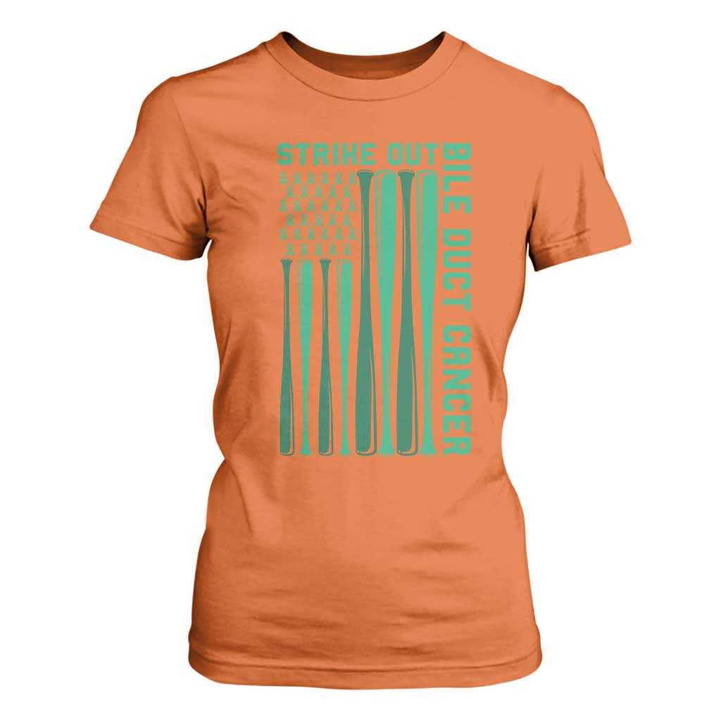 Strike Out Bile Duct Cancer T Shirt For Women Baseball American Flag Hope Gift