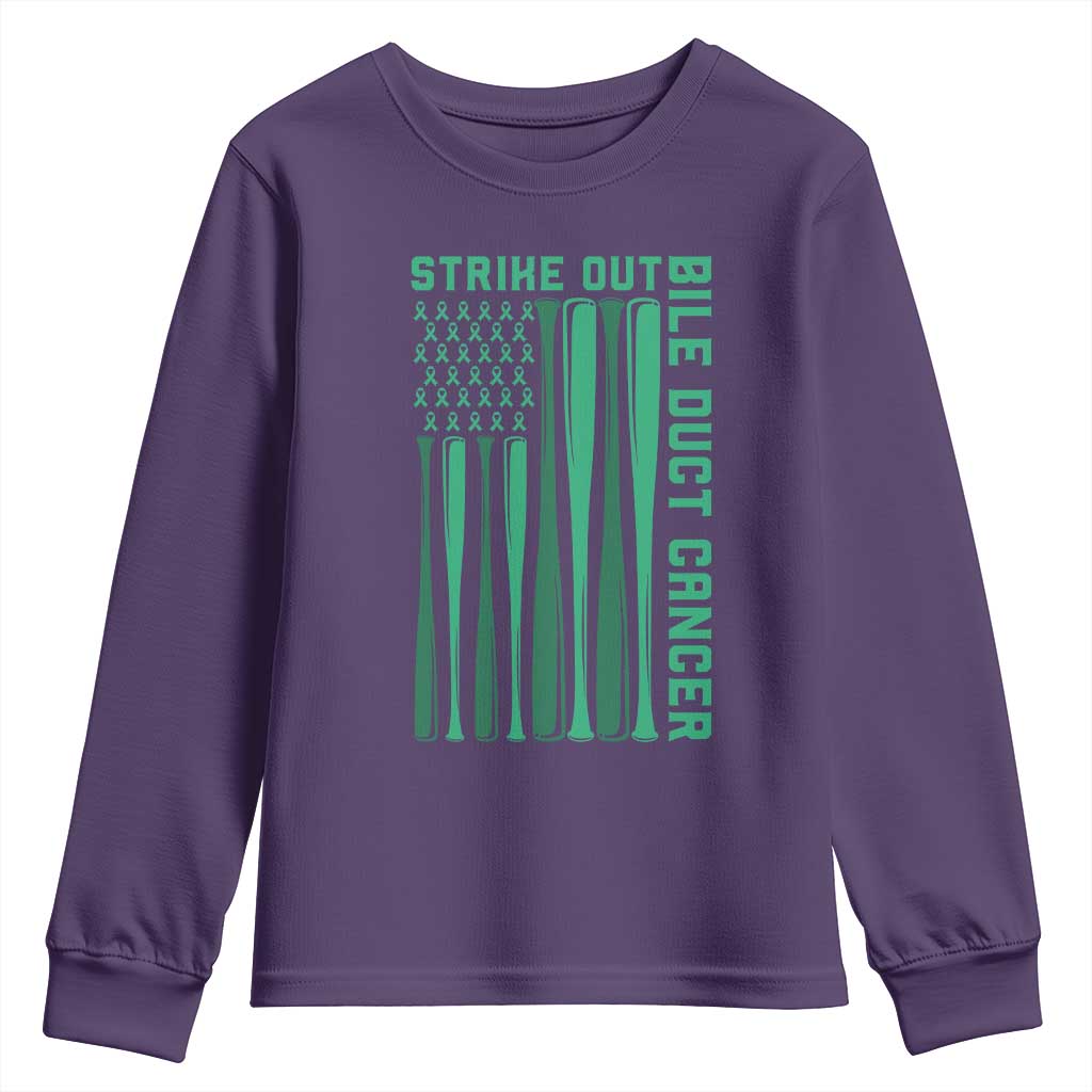 Strike Out Bile Duct Cancer Youth Sweatshirt Baseball American Flag Hope Gift