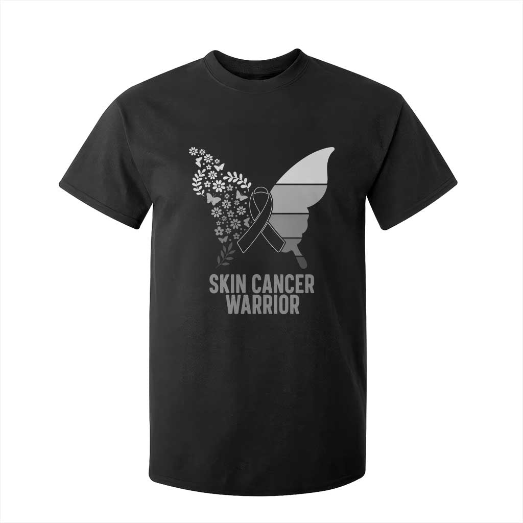 Floral Butterfly Melanoma T Shirt For Kid Black Ribbon Warrior Support Gift