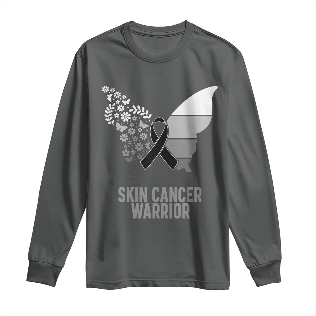 Floral Butterfly Melanoma Long Sleeve Shirt Black Ribbon Warrior Support Gift