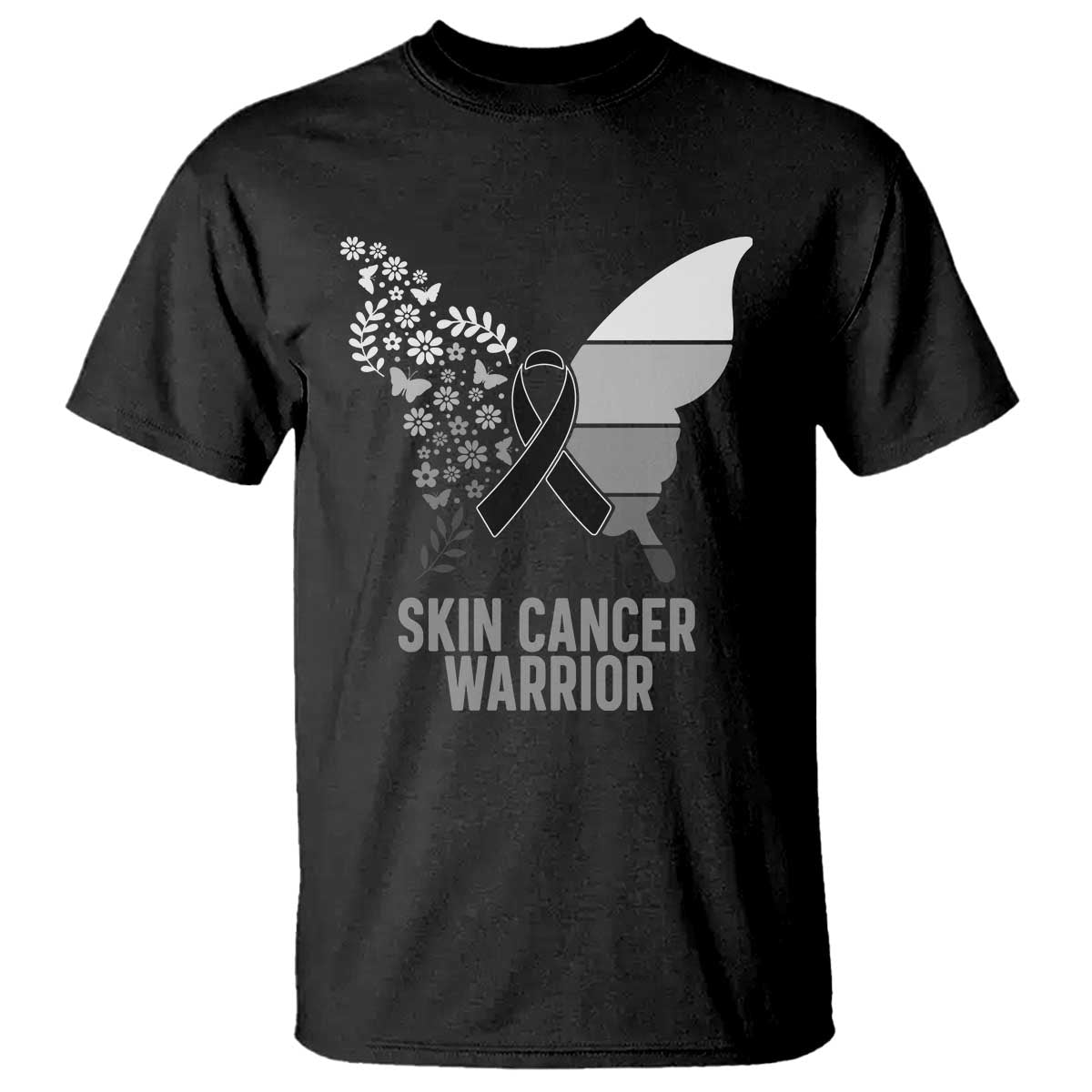 Floral Butterfly Melanoma T Shirt Black Ribbon Warrior Support Gift
