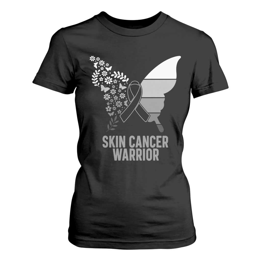 Floral Butterfly Melanoma T Shirt For Women Black Ribbon Warrior Support Gift
