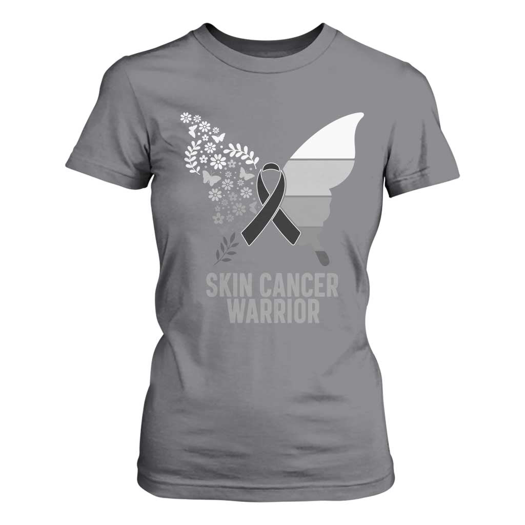 Floral Butterfly Melanoma T Shirt For Women Black Ribbon Warrior Support Gift