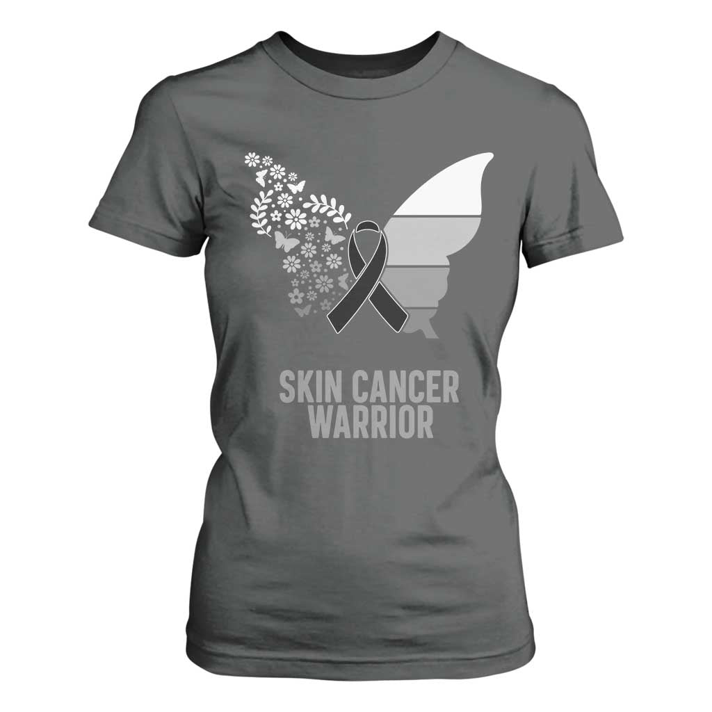 Floral Butterfly Melanoma T Shirt For Women Black Ribbon Warrior Support Gift