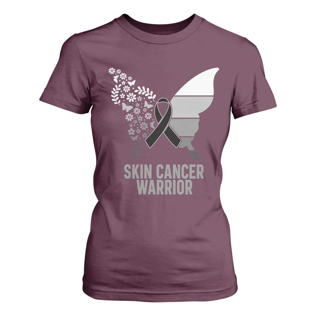 Floral Butterfly Melanoma T Shirt For Women Black Ribbon Warrior Support Gift