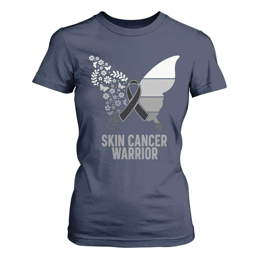 Floral Butterfly Melanoma T Shirt For Women Black Ribbon Warrior Support Gift